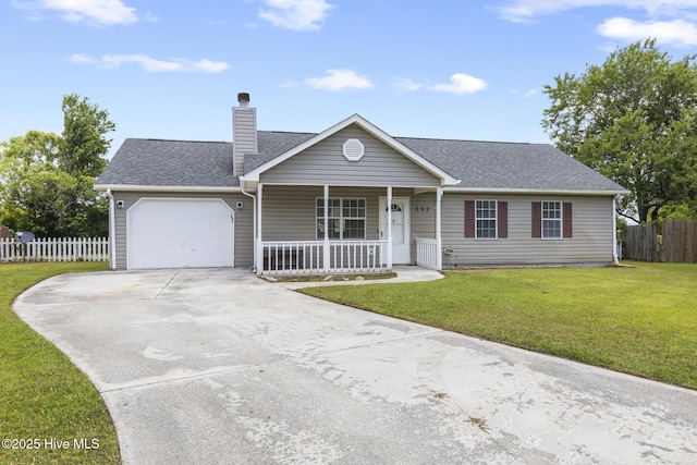 302 Josie Ct, Hubert, NC 28539 - ranch-style house featuring covered porch, a garage, a chimney, driveway, and a shingled roof