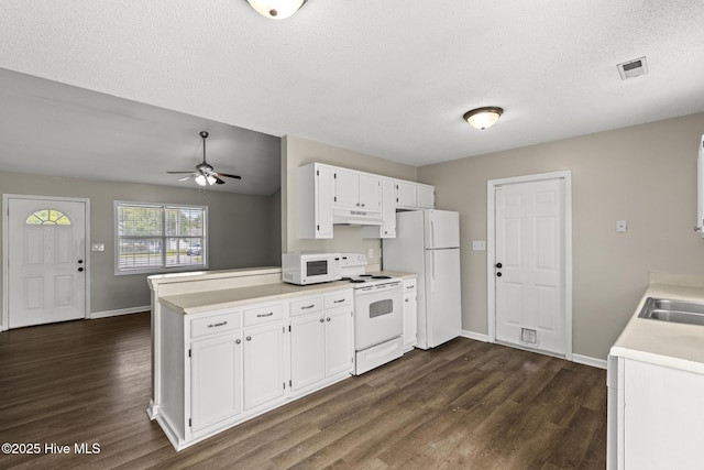302 Josie Ct, Hubert, NC 28539 - kitchen with white appliances, under cabinet range hood, dark wood-style flooring, light countertops, and white cabinetry