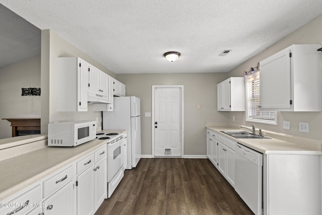 302 Josie Ct, Hubert, NC 28539 - kitchen featuring white appliances, under cabinet range hood, white cabinetry, light countertops, and a textured ceiling