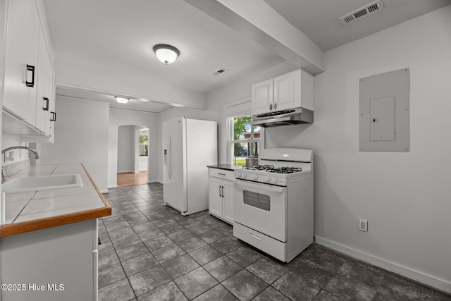 822 Chattawka Ln, New Bern, NC 28560 - kitchen with white appliances, a sink, under cabinet range hood, arched walkways, and electric panel