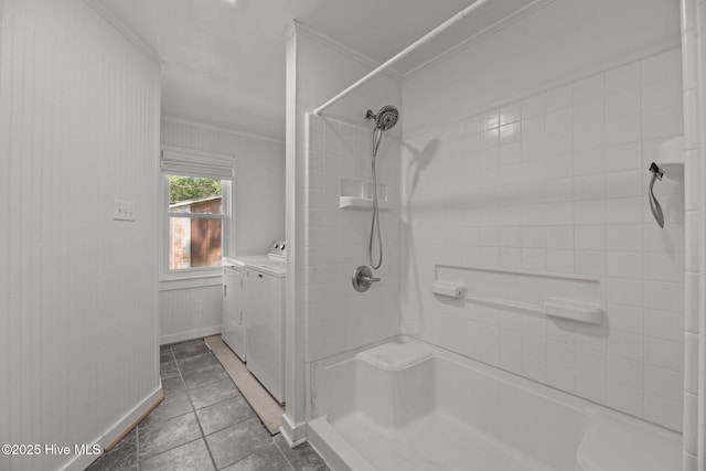 822 Chattawka Ln, New Bern, NC 28560 - bathroom with crown molding, independent washer and dryer, a shower, baseboards, and tile patterned floors