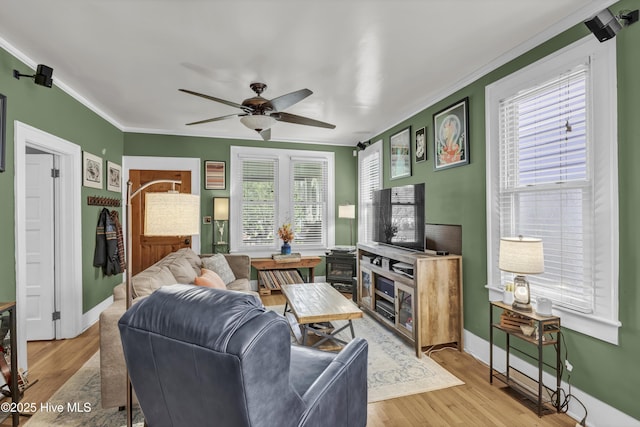 2008 Market St, Wilmington, NC 28403 - living area with crown molding, ceiling fan, light wood-style flooring, and healthy amount of natural light