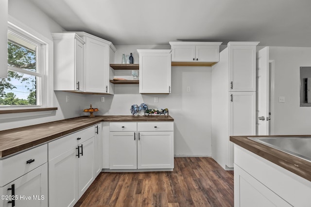 1496 Kellum Loop Rd, Jacksonville, NC 28546 - kitchen featuring butcher block counters, open shelves, white cabinets, and dark wood-style flooring