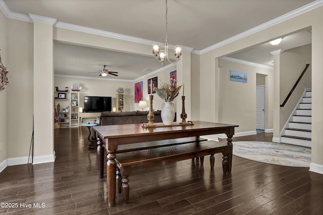 133 Overlook Dr, Wilmington, NC 28411 - dining area featuring dark wood-style flooring, ceiling fan, stairway, and ornamental molding