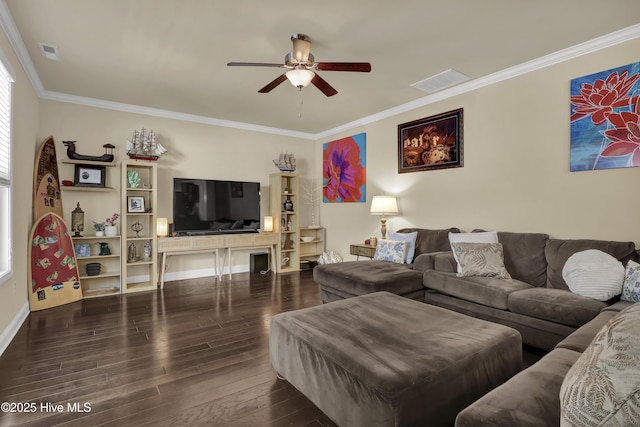 133 Overlook Dr, Wilmington, NC 28411 - living area with ceiling fan, wood finished floors, and crown molding