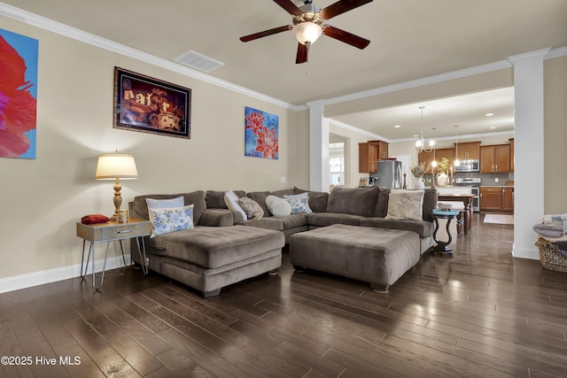 133 Overlook Dr, Wilmington, NC 28411 - living room featuring a ceiling fan, dark wood-style flooring, and ornamental molding