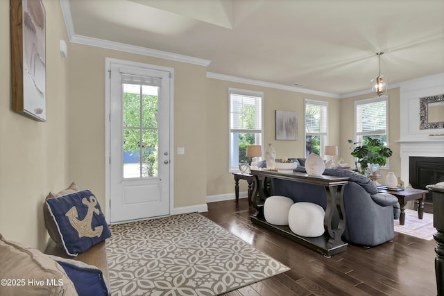 133 Overlook Dr, Wilmington, NC 28411 - entrance foyer with healthy amount of natural light, dark wood-style floors, crown molding, and a glass covered fireplace