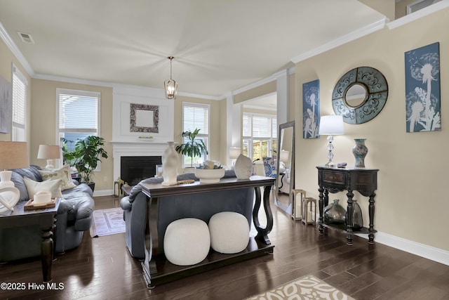 133 Overlook Dr, Wilmington, NC 28411 - living room with dark wood-style flooring, ornamental molding, and a fireplace