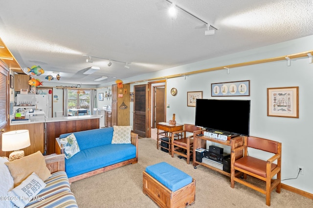 210 W Beach Dr, Oak Island, NC 28465 - carpeted living room featuring track lighting and a textured ceiling