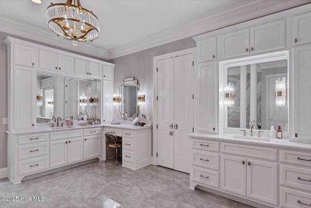 2270 Midland Rd, Pinehurst, NC 28374 - full bath featuring a chandelier, two vanities, and crown molding