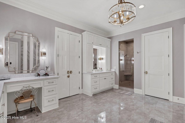 2270 Midland Rd, Pinehurst, NC 28374 - full bathroom featuring a stall shower, vanity, a chandelier, ornamental molding, and marble finish flooring