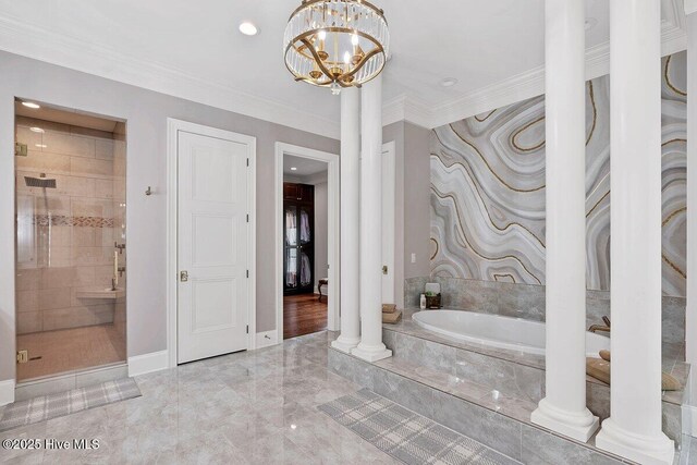 2270 Midland Rd, Pinehurst, NC 28374 - full bath with a garden tub, a stall shower, marble finish floors, a chandelier, and ornamental molding