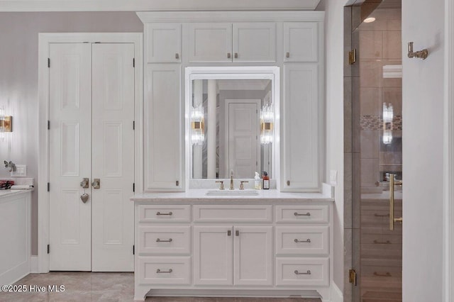 2270 Midland Rd, Pinehurst, NC 28374 - full bathroom with vanity, a stall shower, and tile patterned flooring