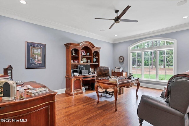 2270 Midland Rd, Pinehurst, NC 28374 - office area with a ceiling fan, wood finished floors, crown molding, and recessed lighting