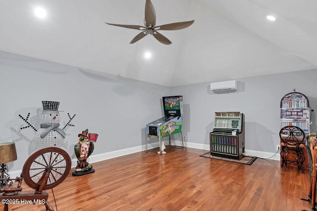 2270 Midland Rd, Pinehurst, NC 28374 - rec room with ceiling fan, a wall mounted AC, recessed lighting, wood finished floors, and high vaulted ceiling
