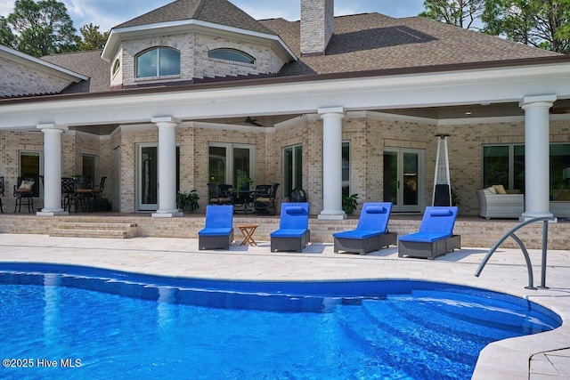 2270 Midland Rd, Pinehurst, NC 28374 - outdoor pool with a patio area, a ceiling fan, french doors, and outdoor dining area