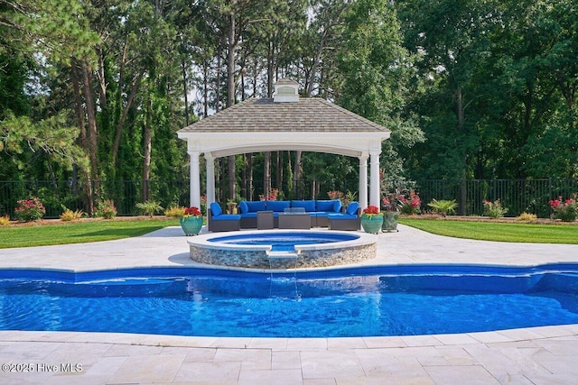 2270 Midland Rd, Pinehurst, NC 28374 - view of swimming pool featuring a gazebo, a fenced backyard, an outdoor living space, and a pool with connected hot tub