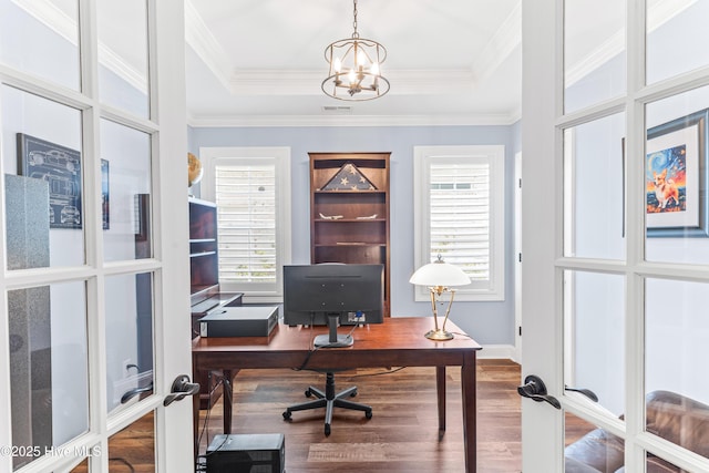 8116 Barstow Ln, Wilmington, NC 28411 - office area with wood finished floors, a chandelier, a raised ceiling, french doors, and crown molding