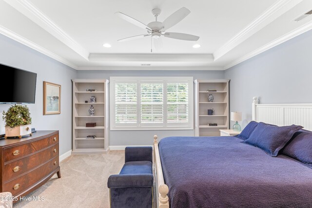 8116 Barstow Ln, Wilmington, NC 28411 - bedroom with a tray ceiling, crown molding, light carpet, ceiling fan, and recessed lighting