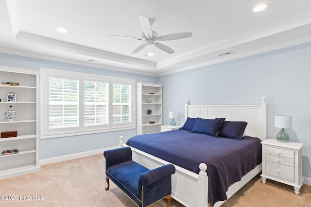 8116 Barstow Ln, Wilmington, NC 28411 - bedroom featuring a raised ceiling, light colored carpet, crown molding, a ceiling fan, and recessed lighting