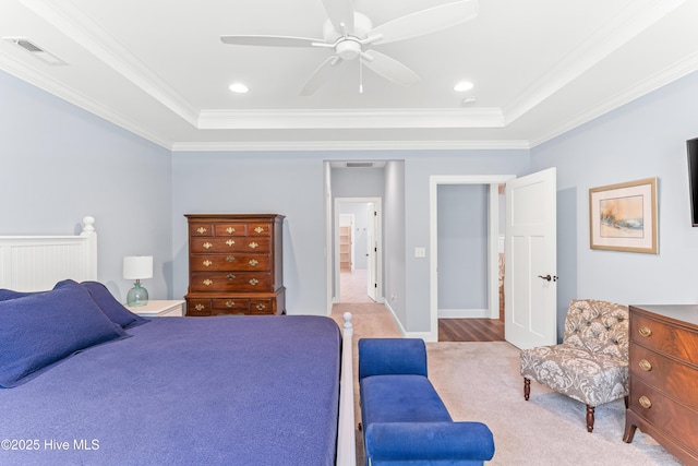 8116 Barstow Ln, Wilmington, NC 28411 - bedroom featuring a raised ceiling, crown molding, ceiling fan, and recessed lighting