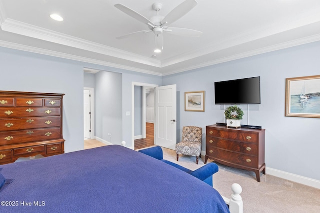 8116 Barstow Ln, Wilmington, NC 28411 - bedroom with a raised ceiling, light carpet, ornamental molding, a ceiling fan, and recessed lighting