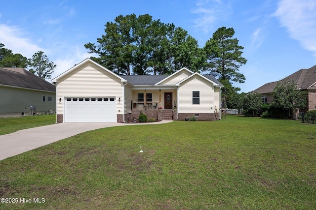 907 Sea Holly Ct, New Bern, NC 28560 - single story home with covered porch, an attached garage, concrete driveway, a front yard, and crawl space