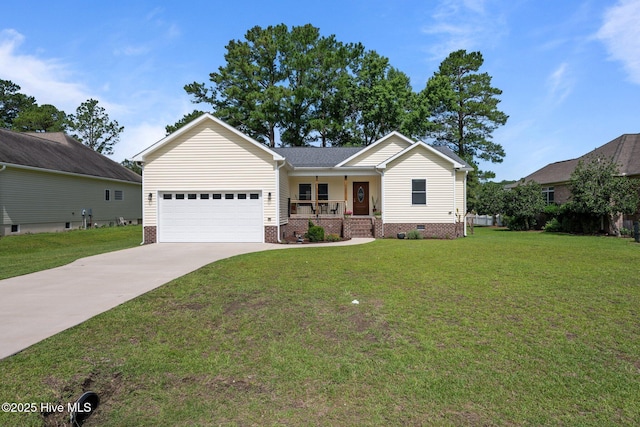 907 Sea Holly Ct, New Bern, NC 28560 - ranch-style house with a porch, driveway, a garage, and a front lawn
