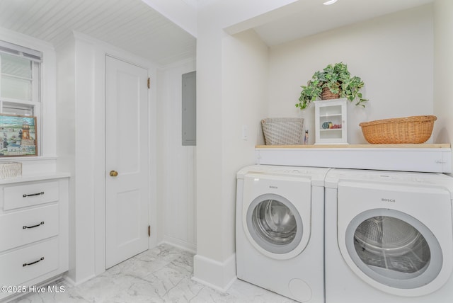 405 Hancock St, New Bern, NC 28560 - washroom featuring light marble finish flooring, independent washer and dryer, baseboards, and electric panel