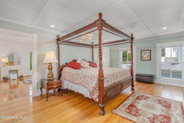 405 Hancock St, New Bern, NC 28560 - bedroom with hardwood / wood-style floors, recessed lighting, crown molding, and access to exterior