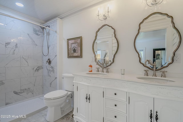 405 Hancock St, New Bern, NC 28560 - full bath featuring marble look tiles, toilet, double vanity, tiled shower, and ornamental molding