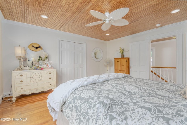 405 Hancock St, New Bern, NC 28560 - bedroom featuring crown molding, a closet, wooden ceiling, wood finished floors, and recessed lighting