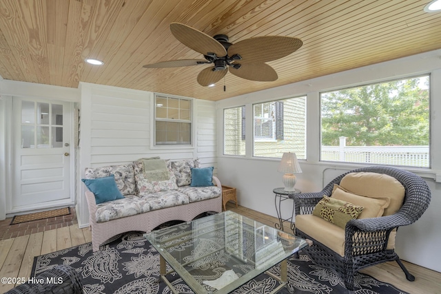405 Hancock St, New Bern, NC 28560 - sunroom featuring wooden ceiling, a ceiling fan, wood finished floors, and recessed lighting