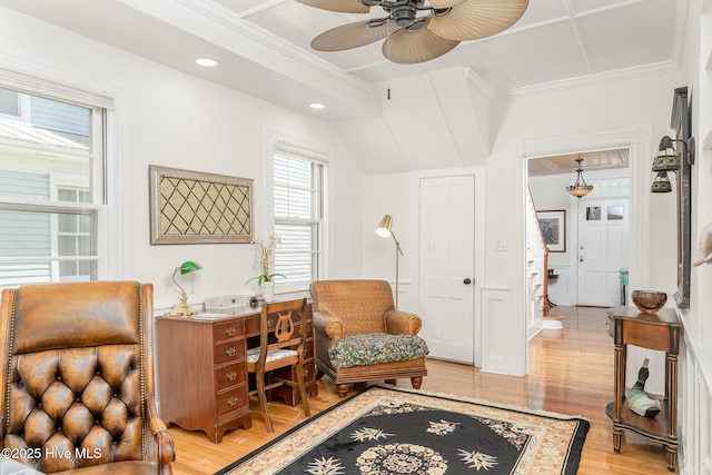 405 Hancock St, New Bern, NC 28560 - sitting room featuring ornamental molding, light wood finished floors, ceiling fan, and recessed lighting