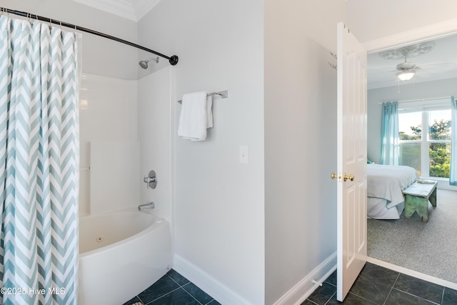 2911 E Pelican Dr, Oak Island, NC 28465 - ensuite bathroom featuring shower / bath combination with curtain, ornamental molding, tile patterned flooring, and ceiling fan
