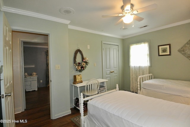 1307 Hunters Rd, New Bern, NC 28562 - bedroom with dark wood-type flooring, ornamental molding, a closet, and ceiling fan