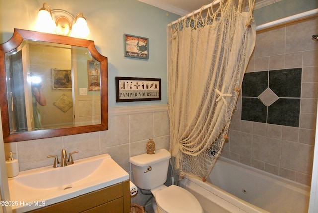 1307 Hunters Rd, New Bern, NC 28562 - bathroom with vanity, shower / tub combo with curtain, and tile walls