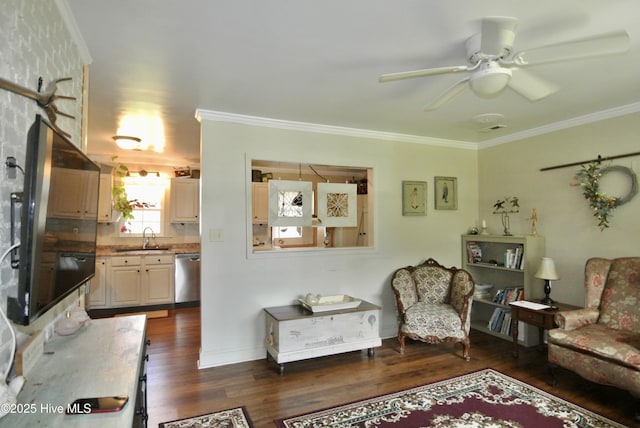 1307 Hunters Rd, New Bern, NC 28562 - living area with ceiling fan, dark wood-style floors, and crown molding