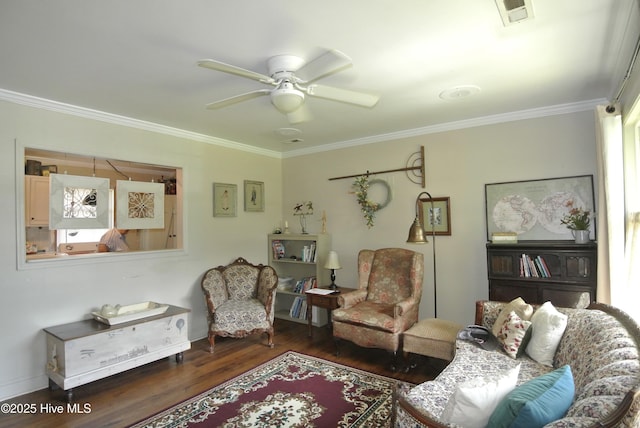 1307 Hunters Rd, New Bern, NC 28562 - living area with ornamental molding, a ceiling fan, and wood finished floors