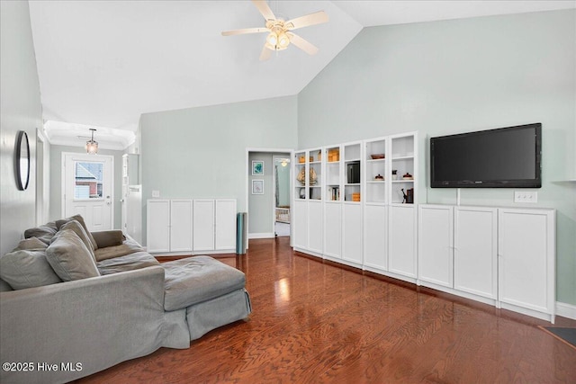 1009 Stonesthrow Ct, Leland, NC 28451 - living area featuring a ceiling fan, wood finished floors, and high vaulted ceiling