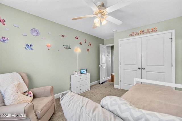 1009 Stonesthrow Ct, Leland, NC 28451 - bedroom with light colored carpet, a closet, and a ceiling fan