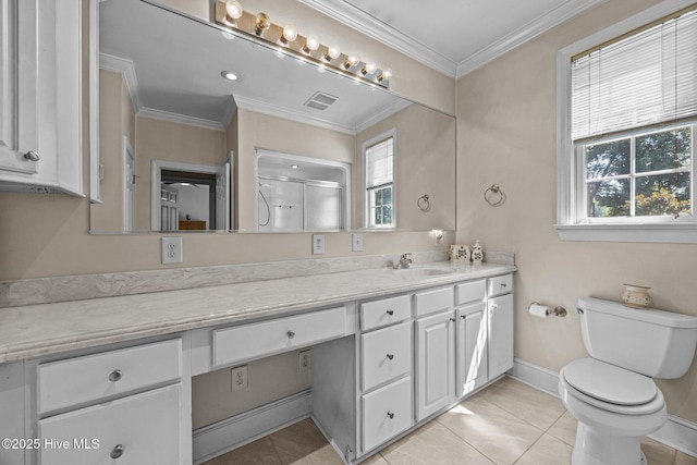 1910 Big Mill Rd, Williamston, NC 27892 - full bathroom with vanity, tile patterned floors, crown molding, and an enclosed shower