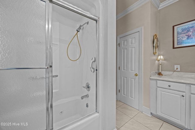1910 Big Mill Rd, Williamston, NC 27892 - bathroom with tile patterned floors, ornamental molding, shower / bath combination with glass door, and vanity