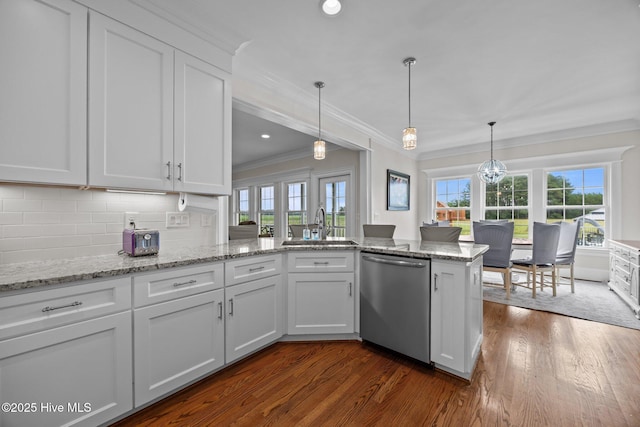 7145 Stokestown St Johns Rd, Ayden, NC 28513 - kitchen featuring stainless steel dishwasher, crown molding, dark wood-type flooring, white cabinetry, and a peninsula
