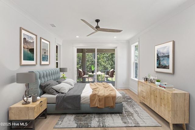 3404 Eagle Crest Dr SW, Supply, NC 28462 - bedroom with access to exterior, crown molding, light wood-style flooring, recessed lighting, and ceiling fan