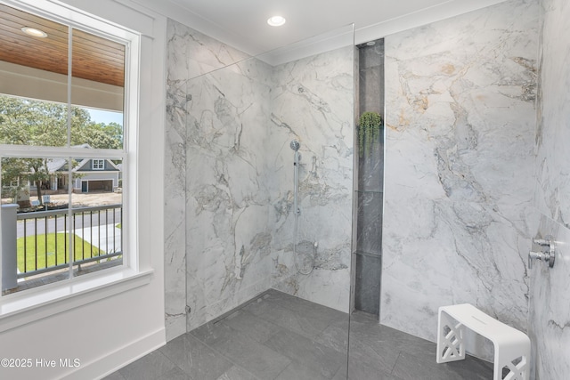 3404 Eagle Crest Dr SW, Supply, NC 28462 - bathroom featuring a marble finish shower, healthy amount of natural light, recessed lighting, and marble tiled floors