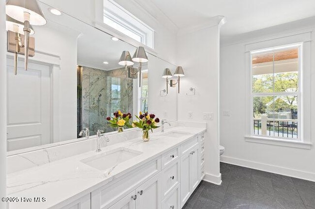 3404 Eagle Crest Dr SW, Supply, NC 28462 - full bath with double vanity, a marble finish shower, ornamental molding, and recessed lighting