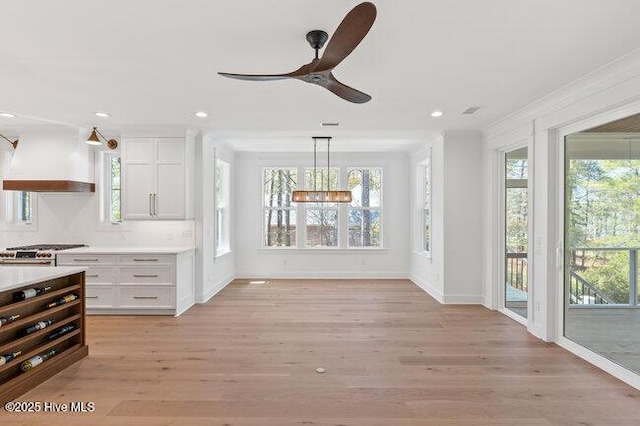 3404 Eagle Crest Dr SW, Supply, NC 28462 - kitchen featuring custom range hood, white cabinets, light wood-style floors, a ceiling fan, and stainless steel gas stove