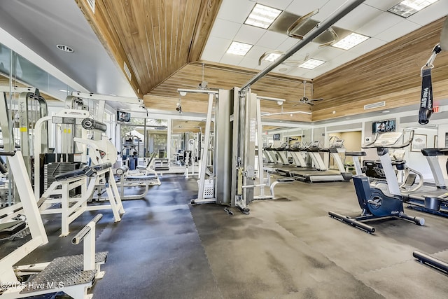 6857 Beckman Cir SW Unit 55, Ocean Isle Beach, NC 28469 - gym with ceiling fan, wooden walls, and vaulted ceiling