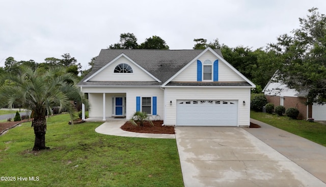 1 Bay Dr, Sneads Ferry, NC 28460 - traditional home with driveway, a front lawn, a garage, roof with shingles, and a porch